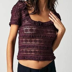 Free People Intimately Ruffled Lace Top Small Plum Burgundy Off Shoulder